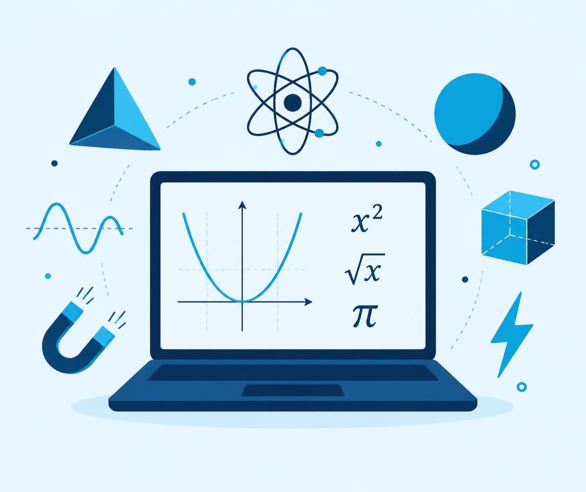 Illustration of a laptop showing a graph and equations, surrounded by maths shapes and physics symbols such as an atom, a wave and a magnet